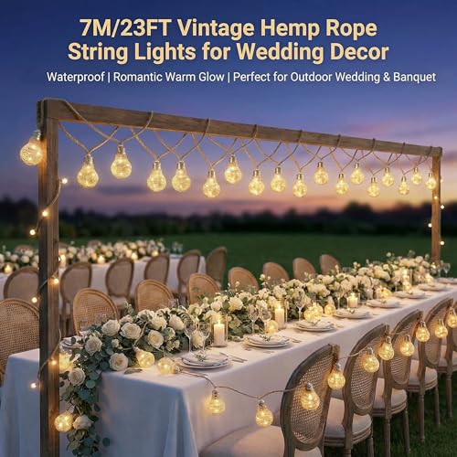 AebeChun Lichterkette Glühbirnen Außen, 7M 20LED Vintage Lichterkette Aussen Strom, Lichterkette Outdoor mit Hanfseil, Wasserdicht 8 Modi Timer für Gärten Balkon Party Hochzeit Deko (Warmweiß)