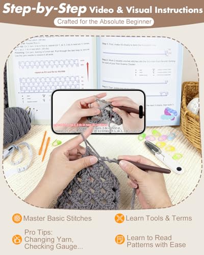 Arborthread Crochet Kit for Beginners, Easy All-Season Pocket Shawl & Scarf Crochet Kit for Adults w/Ample Premium Yarn to Fit Different Sizes, Step-by-Step Video & Instructions, Grey - Thumbnail 3