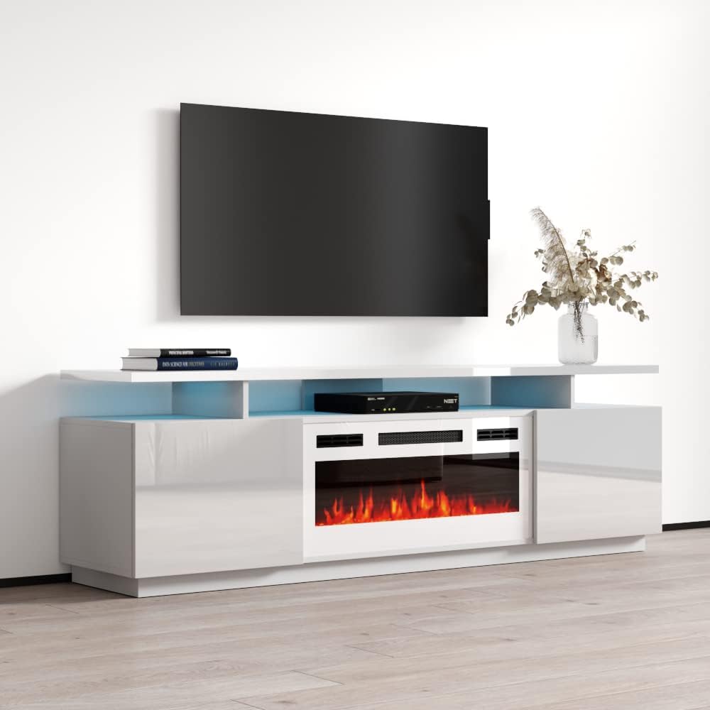 Meble Furniture Eva KWH Electric Fireplace TV Stand — Modern High Gloss Storage Media Console — Fits TVs up to 80", 63.8 x 16.9 x 22.6 in — White
