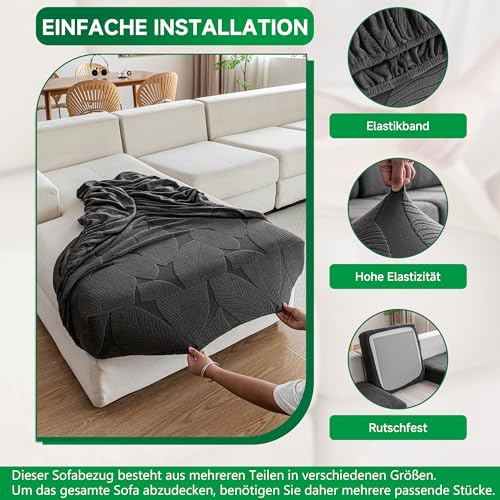 OHSIO Sofa Überzug – Universeller elastischer Sofabezug für Sitzkissen, rutschfest, waschbar & pflegeleicht, ideal für Sofa-Schutz(Dunkelgrau/Blattmuster, 1x Sitzbezug L)