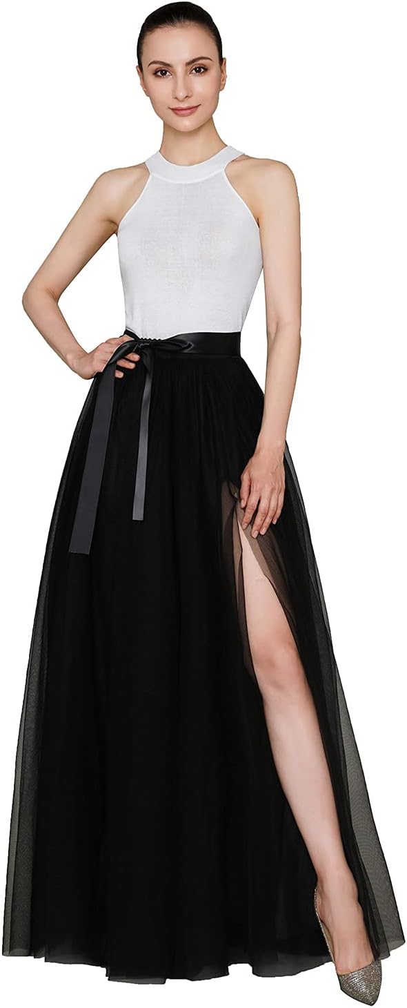 EllieHouse Long Floor Length Wedding Evening Party Prom Tulle Skirt with Slit
