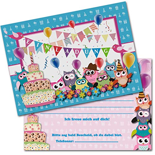 Kreatives Herz Eule Einladungskarten Kinder Geburtstag (10er Set) Einladungen A6 Party (10 Karten) Cover