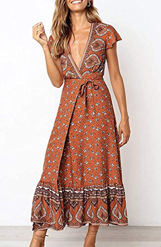 Image of R.Vivimos Women's Summer Short Sleeve Floral Print Bohemian Beach Waist Tie Wrap Long Flowy Dress with Slit