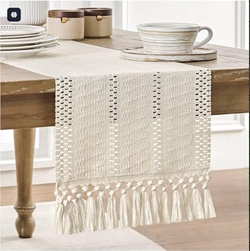 Macrame Table Runner Cream White Boho Table Runners with Tassels