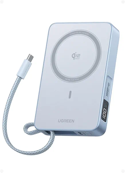 UGREEN MagFlow 10,000mAh Power Bank, Qi2 25W Certified Wireless Charging, Magnetic Portable Charger for MagSafe with Built-in Cable, 30W USB-C Battery Pack for iPhone17 Pro Max/16/15/14/13/1