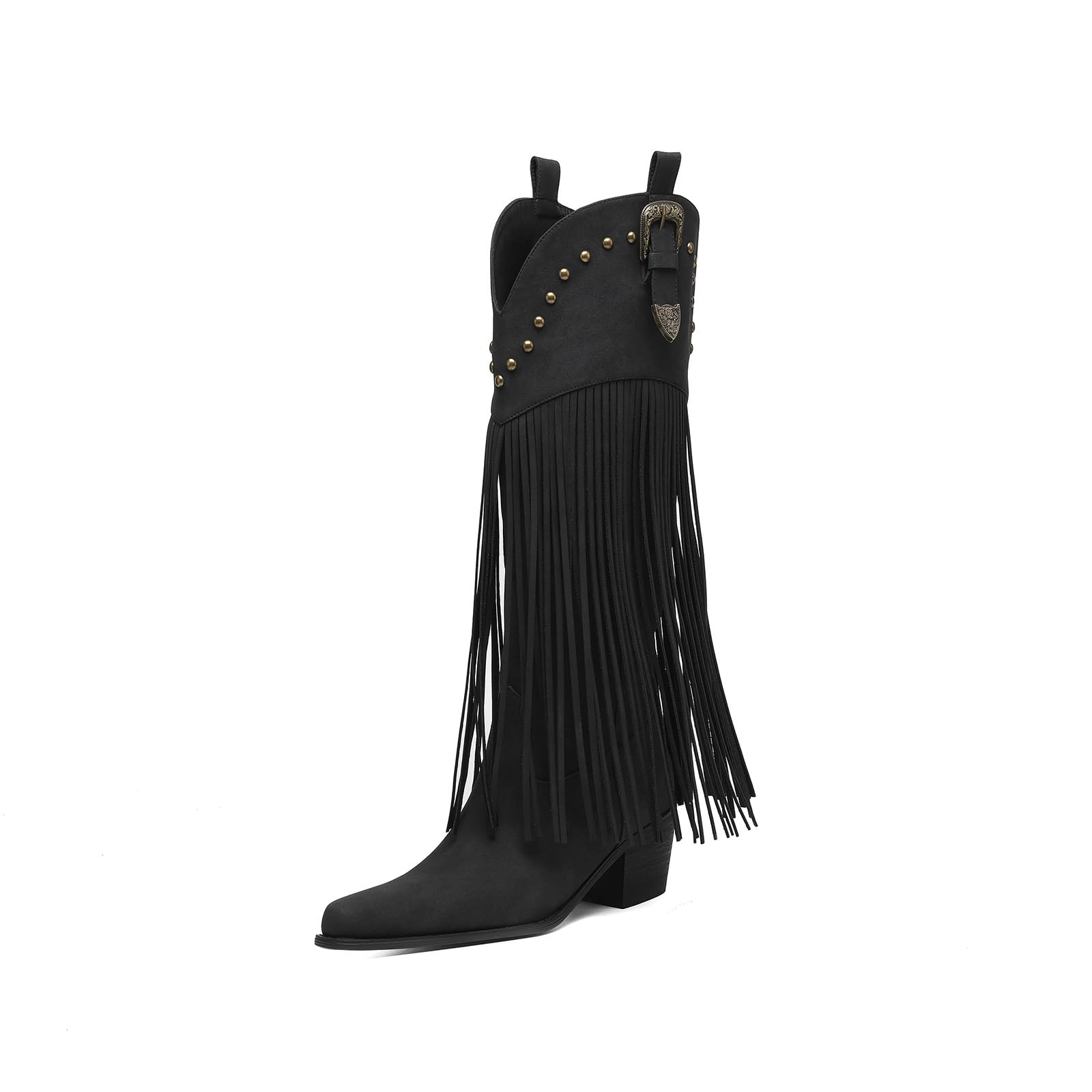 Womens Western Cowgirl Knee High Boots with Fringe - Wide Calf Black Studded Leather Snip Toe Chunky Heel