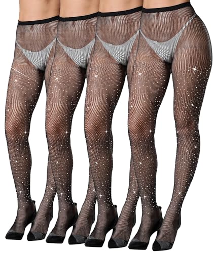 Image of JAFINSY Sparkle Rhinestone Fishnet Tights for Women - Sexy High Waist Mesh Stockings for Valentines Rave Party, Black - 4pc