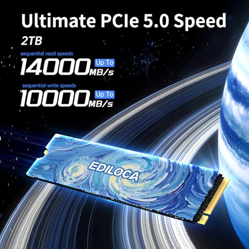 Image of Ediloca SSD 2TB NVMe PCIe 5.0x4, Up to 14,000MB /s Read, 10,000MB /s Write, 2TB SSD with 2GB LPDDR4 DRAM & Dynamic SLC Cache, M.2 2280 3D TLC for Gaming /Video Editing /PC /Laptop (EN1400 Pro)