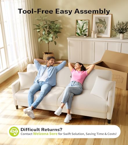 Image of Welzona 83 inch Couches for Living Room, Teddy Sofa Couch, Comfy Sofas for Living Room, Tool-Free Setup Loveseat Sofa, All-Wood Love Seat Couches, Small Couch 2 Pillows Included, Beige