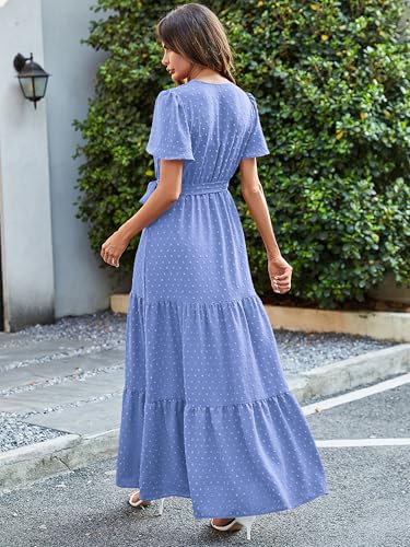 Image of MASCOMODA Women Boho Swiss Dot Maxi Dresses Wrap V Neck Flutter Short Sleeve Solid Tie Waist A Line Tiered Flowy Long Dresses