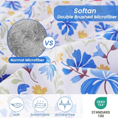 Image of Softan Vintage Blue Floral Twin Bed Sheets, Cozy Microfiber Flower Printed Sheets with 15 inch Deep Pocket Fitted Sheet & Non-Slip Straps, Patterned Floral in Blue & Amber Sheets & Pillowcase Set