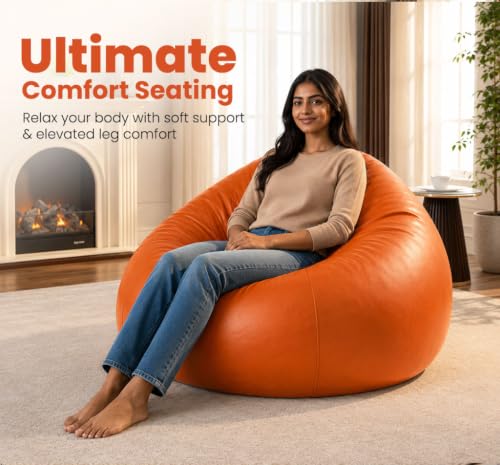 Image of Sattva Classic 4XL Bean Bag Chair with Beans Filled | Sofa Style Faux Leather Beanbags with Filled Beans | Comfortable Bin Bags Sofa for Adults & Teens, Living Room & Office | Orange