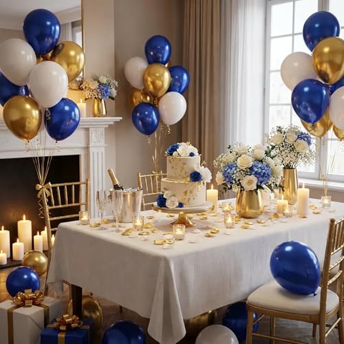 Image of Hiquaty Blue and Gold Balloons,60pcs Royal Blue Balloons,12 Inch Blue and White Balloons with Blue Ribbon for New Year Party Wedding Bridal Shower Decorations