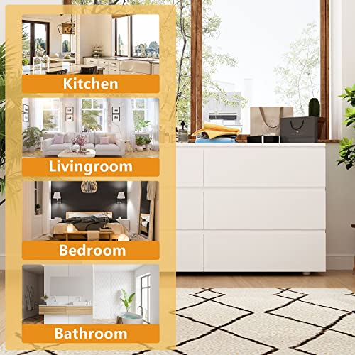 Didugo White Dresser Chest Of Drawers 6 Drawer Chest, Wide Storage, No Handle Design, White Dresser For Bedroom Hallway (59”W X 15.7”D X 32.3”H) #TOP7