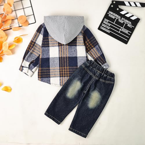 Image of Toddler Baby Boy Fall Winter Clothes Long Sleeve Plaid Hooded Sweatshirt Ripped Holes Jeans Set 1-5 Years Old
