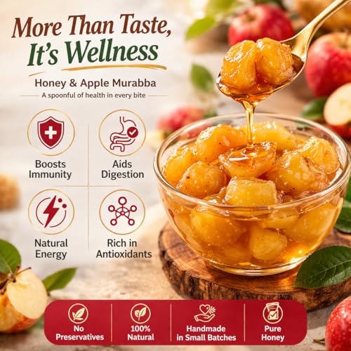 Image of Arivasa Organics Apple Murabba with Honey (500g) Delicious Kashmiri Apple Fruit Sweet Preserve, Rich in Antioxidants, Fibre & Immunity | Mouth-Watering Sweet Snack Marmalade Jar - Ghar ka Seb Murabba
