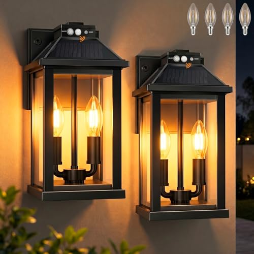 ropelux Solar Lights Outdoor Waterproof 3 Modes Porch Lights Motion Sensor Outside Light for House Outdoor Wall Lights Lantern Exterior Lighting Fixtures for Garden Patio Fence Yard Garage 2Pack