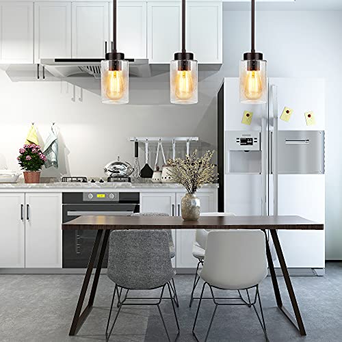 Indoor Mini Pendant Light Twin Pack, Adjustable Modern Hanging Lights, Open Bottom Hollow Lamp Cup Oil Rubbed Bronze With Clear Seeded Glass Shade For Bar, Dining Room, Corridor, Living Room #TOP6