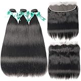 ALLRUN Hair Brazilian Straight Hair 3 Bundles With Free Part Frontal Closure 13x4 Ear To Ear Lace Frontal Closure With Bundles 7A Unprocessed Virgin Human Hair（12 12 12 frontal 10）