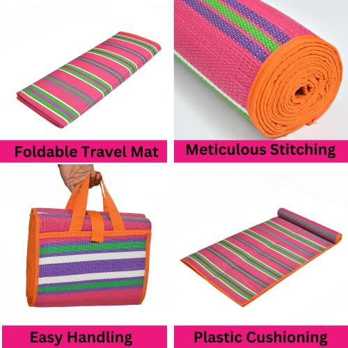 Image of 4x6 Feet Plastic Chatai Mat for Sleeping | Foldable Floor Mat for Home Use | Lightweight Chattai with Handles | Multipurpose Sleeping Mat for Floor - Pink