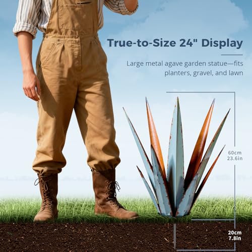Image of KODIBO 24 inch Metal Agave Plant Outdoor Decor, Large Yard Statue, Vintage Blue | Desert Steel Yard Art, Tequila Rustic Sculpture, Outdoor-Resistant Metal, Mexican Style Yard Decor, Gifts for Garden Lovers