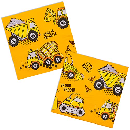 DYLIVeS Construction Theme Party Napkins, Dump Truck Cocktail Party Napkins, Yellow Tractor Disposable Paper Napkins Birthday Party Supplies Boys Decoration for Dinner, Luncheon, 6.5 Inch (Pack of 50)