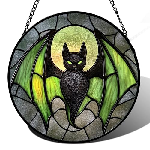 Image of Stained Glass Window Hanging - Halloween Black Bat Green Wings Monster Suncatcher for Doors Garden Home Spooky Sun Catchers Gothic Decor Horror Gift for Women Men Friend Boy Girl 6.3 in