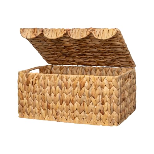 StorageWorks Wicker Basket with Scalloped Edge Lid, Water Hyacinth Basket with Built-in Handles, Handwoven Wicker Box for Living Room, 15