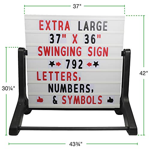 Excello Global Products Swinging Changable Message Sidewalk Sign: 37" x 36" Sign with 792 Pre-Cut Double Sided Letters and Storage Box. Includes Black Sign Board & 4 Liquid Chalkboard & Letter Board