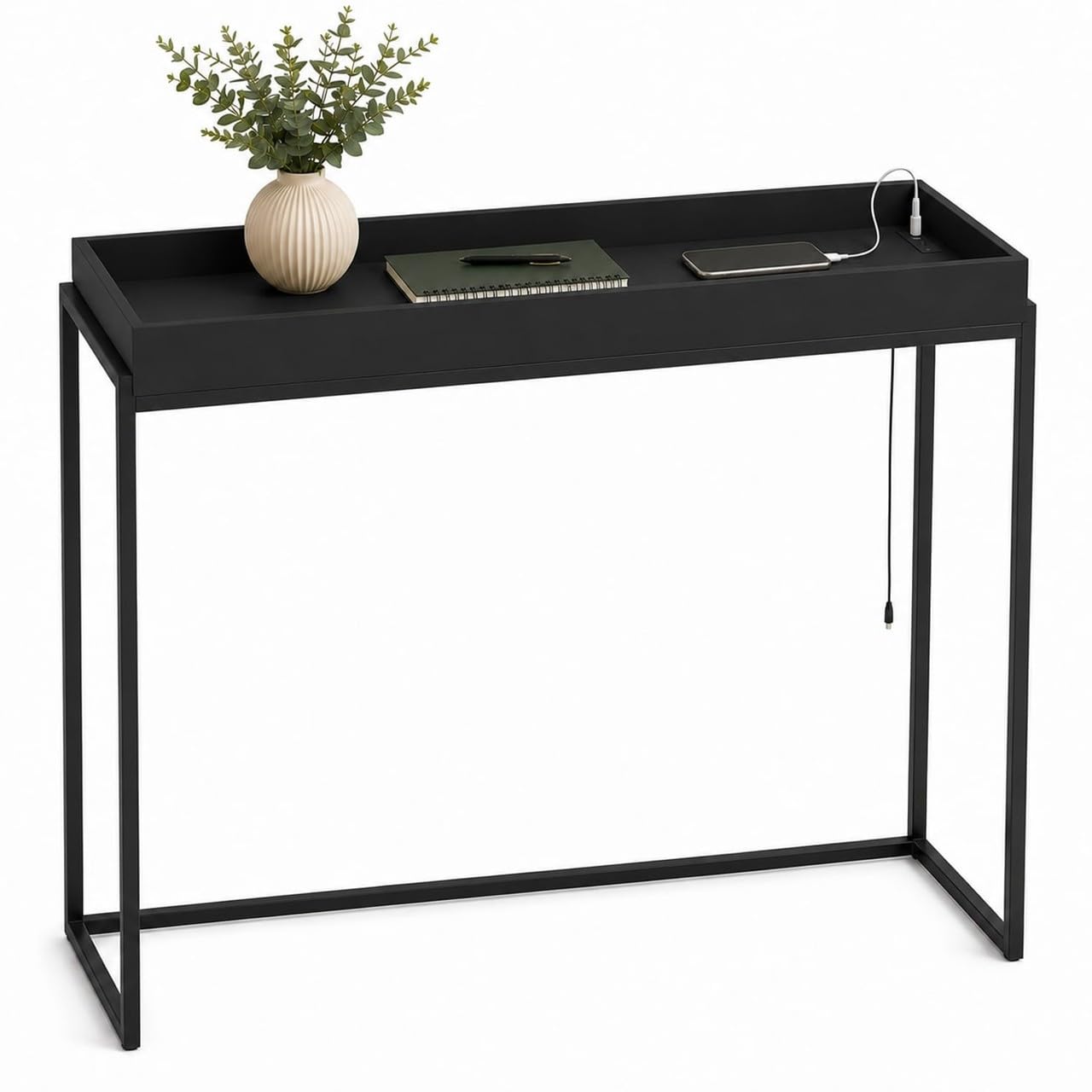 URBNLIVING Tray Top Console Table with USB Socket, Black