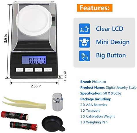 Philonext Digital Milligram Scale 50 X 0.001g - Mini LCD Digital Pocket Lab Weight Scale Reloading Jewelry Scale with Calibration Weights Tweezers & Weighing Pans