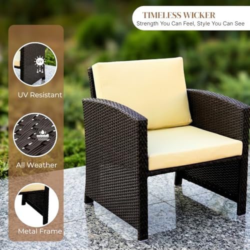 Image of DEVOKO Valencia Outdoor 5 Piece All Weather Rattan Wicker Patio Sofa Set with Water Resistant Cushioned Chairs with Glass Top Table & Ottomans for Garden, Pool, Porch, Backyard (Dark Brown & Cream)