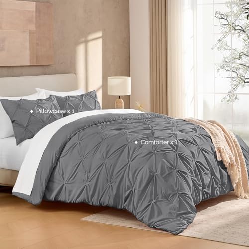 Image of Andency Twin Pinch Pleat Comforter Set (66 inchx90 inch),3 Piece Lightweight Pintuck Bedding Comforters & Sets, Fluffy Down Alternative Comforter with 2 Pillow Shams for All Season,Medium Gray
