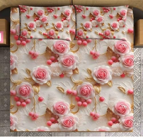 Image of King Size Bedsheet, Polycotton, 7D Floral Rose Print, Pink White and Gold, 3 Piece Set (Pink, White, and Gold 3D Rose Print)