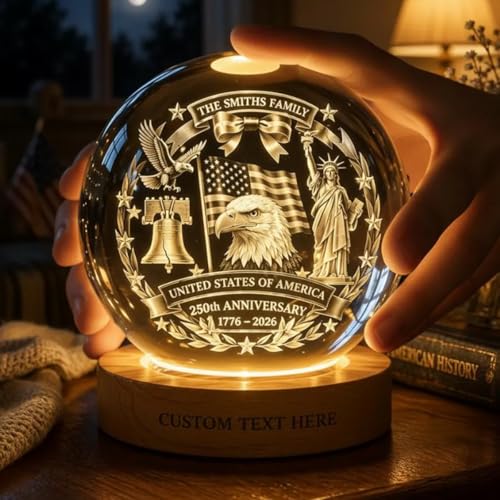 Image of 250 Anniversary Usa Merchandise, Personalized 250th Anniversary Crystal Ball Night Light, Custom 1776-2026 USA LED Lamp, Engraved Patriotic Gift, American Independence Decor Light for Home Desk
