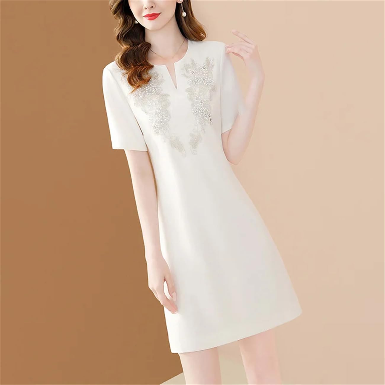Yeuyyben Donne Elegante Ricamo Floreale Abito Bianco Ufficio A-Line Manica Corta Slim Abiti Da Festa