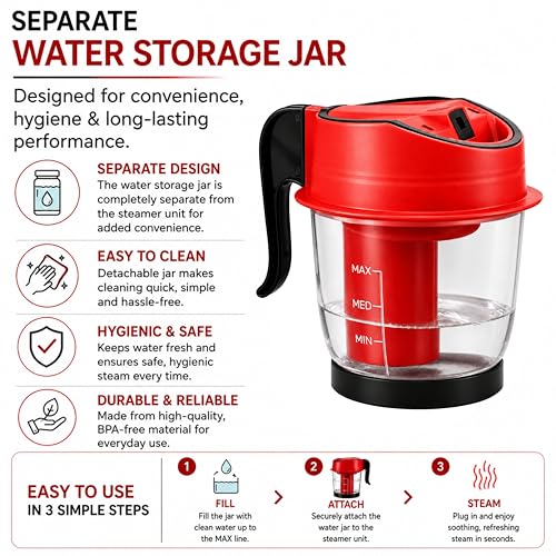 Image of Facial Steamer Vaporizer for Instant Cold and Cough Relief (Red)