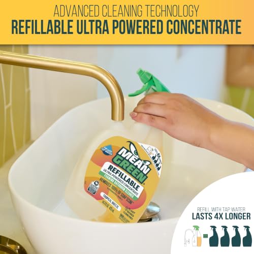 Image of Mean Green Refillable Ultra Powered Bathroom Cleaner Concentrate, Tropical Breeze, 14.3 fl oz (2-Pack) - Plant & Mineral Based, Removes 100% of Soap Scum, Refillable Bottle Makes 4X Refills