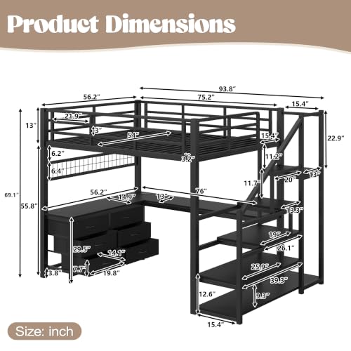 Image of Bellemave Full loft Bed with Storage Stairs, Wardrobe, Shelves, Metal Full Loft Bed Frame for Adults, Kids, Teens, Black
