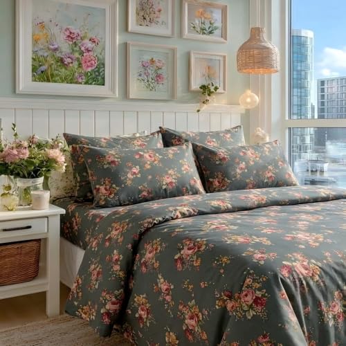 Image of FADFAY French Floral Sheet Set King Size, 100% Muslin Cotton Double Gauze Bedding, 4 Piece Shabby Chic Rose Pattern Sheets, Ultra Soft Breathable Deep Pocket Fitted Sheet & Flat Sheet, Green