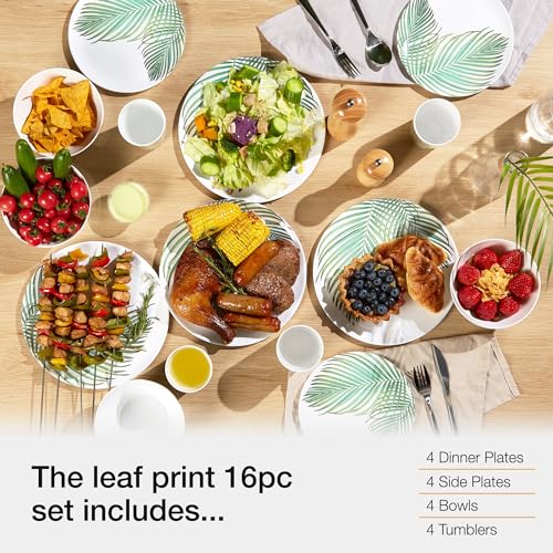 VonShef Melamine Dinnerware Set, 16Pc Leaf Print Dinner Set Including 4 Dinner Plates, Side Plates, Bowls & Tumblers for Picnics, Camping & BBQs, Easy Clean Dishwasher Safe Plastic Tableware - Image 3