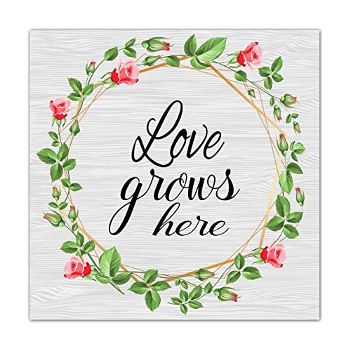 Plaque murale bois vieilli Love Grows Here décor cheminée haut de gamme