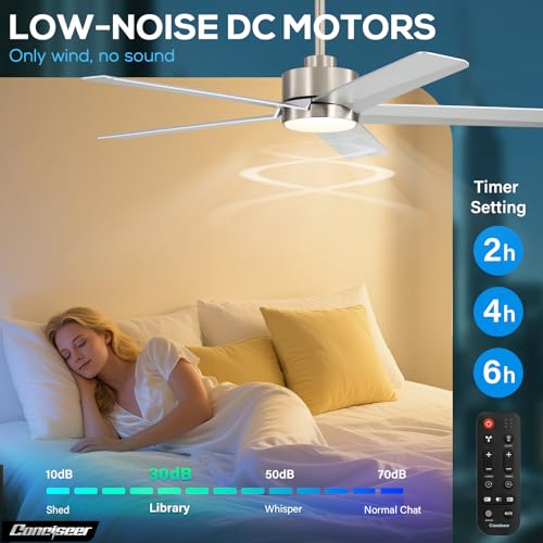 Image of Conciseer 52 Inch Ceiling Fans with Lights and Remote for Bedroom Living Room Kitchen Office, Indoor /Outdoor Use, 3CCT Dimmable, 5 Blades 6 Speed Reversible Quiet DC Motor, Sand-nickel /Silver