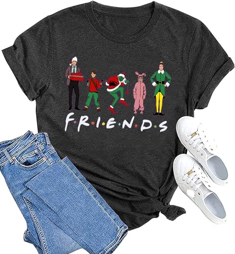 Christmas Friends Shirts Women Funny Cartoon Graphic T-Shirt Christmas Movie Tee Xmas Holiday Party Casual Tops Blouse (M, Dark Gray)