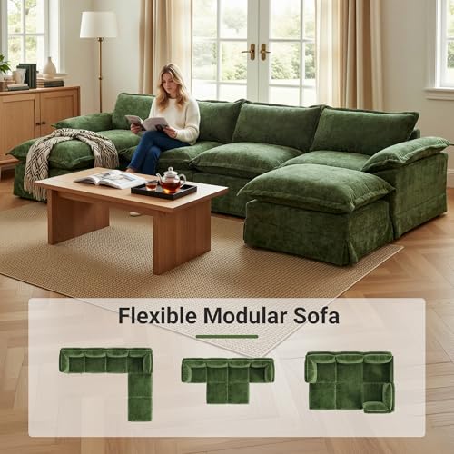 Image of Claiks 157 inch Modular Boneless Couch, U Shaped Couch for Living Room, Modern Deep Seat Sofa 4 Seater Chenille Fabric Comfy Cloud Couches with Movable Ottoman, Dark Green