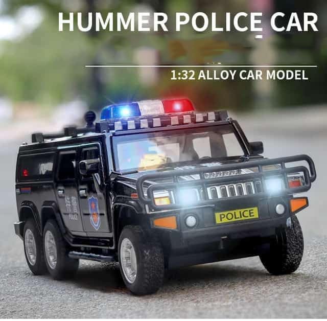 Image of FEXXA 🥰Exclusive Alloy Metal Pull Back Die-cast Car Scale Model with Sound Light Mini Auto Toy for Kids Metal Model Toy Car with Sound and Light [ New Version ] (1.32 Scale Hummer Police -Black)