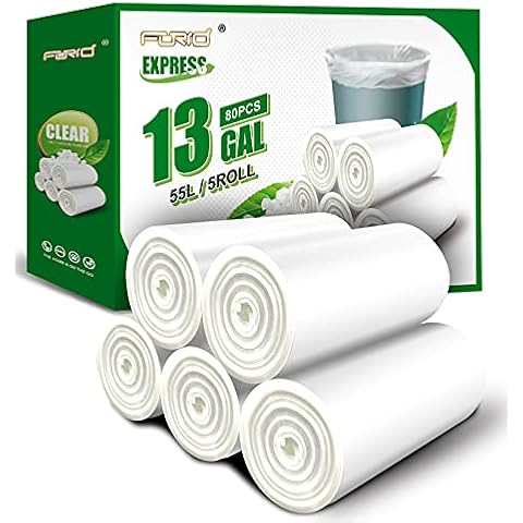 FORID 13 Gallon Trash Bags - Clear Plastic Garbage Bag Unscented Tall Medium Can Liners for Kitchen Office Home Waste Basket 5 Roll 55 Liters 80 Counts Cover