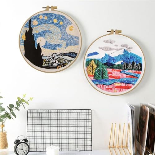 Image of Esffaci Embroidery Starter Kit for Adult Beginner with Mountain Landscape Tree Flower Scenery Pattern Hand Embroidery Set with Embroidery Cloth Floss Hoop Needle Threader and Instruction
