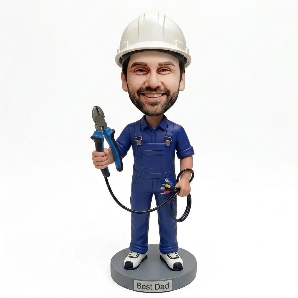Bobblehead elettrico personalizzato da foto - Miglior papà personalizzato, statuetta lavoratore fatta a mano con elmetto rigido e strumenti