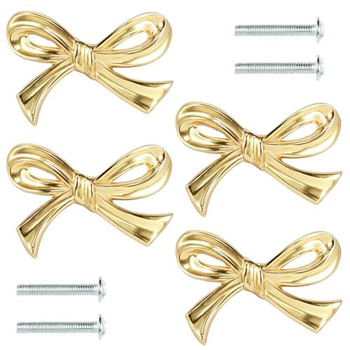RVEFOT 4 Pcs Gold Drawer Pulls Decorative Brass Bow Shape Cabinets Handle Vintage Dresser Knobs, Cabinet Hardware Cupboard Dresser Wardrobe and Drawer Pulls (4PCS)